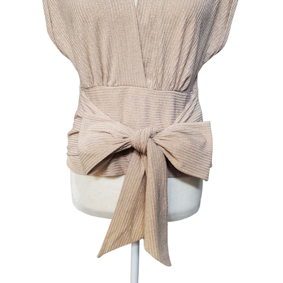 Express Beige Metallic Ribbed Faux Wrap Tie Front Top Size Medium - Picture 4 of 13